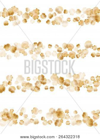 Gold Seashells Vector, Golden Pearl Bivalved Mollusks. Cartoon Scallop, Bivalve Pearl Shell, Marine 