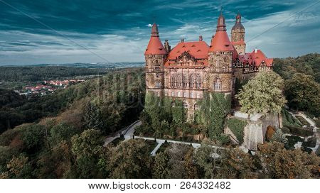 Ksiaz, Poland - September 11, 2018: Castle In Ksiaz Near Walbrzych Drone Aerial View