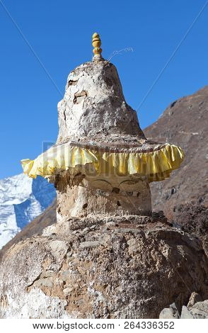 Ancient Buddhist Stupa Above Pangboche Village On The Way To Everest Base Camp, Sagarmatha National 