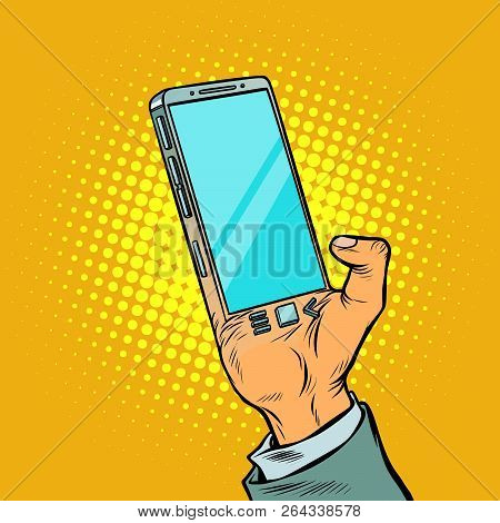 Man With Hand Smartphone. The Gadget Is Implanted In The Human Body. Biohacking. Comic Cartoon Pop A