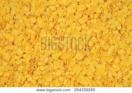 Corn-flakes Background And Texture. Top View. Cornflake Cereal Box For Morning Breakfast.