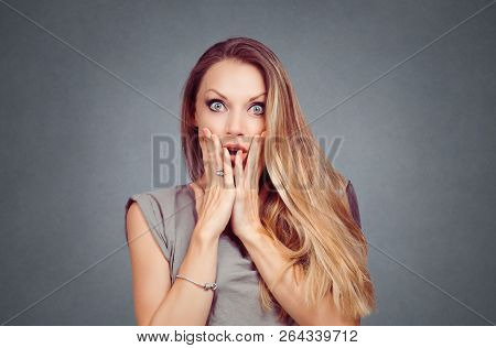 Wow. Close Up Portrait Young Woman Beautiful Girl Looking Excited Holding Her Mouth Opened Hands On 