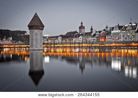 Kapelbrucke In Lucerne Famous Swiss Landmark Black And White With Color Elements View, Famous Landma