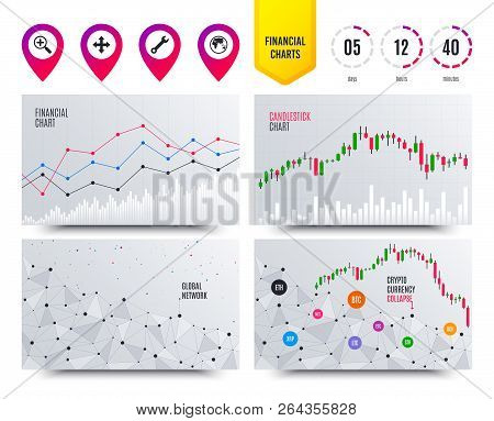 Financial Planning Charts. Magnifier Glass And Globe Search Icons. Fullscreen Arrows And Wrench Key 