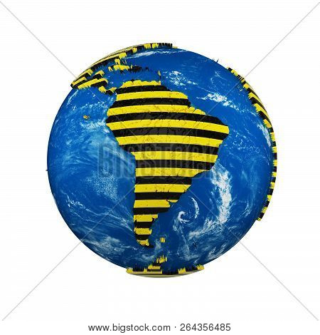 Planet Earth Globe Isolated On White Background. Yellow And Black Striped Police Warning Safety Ribb