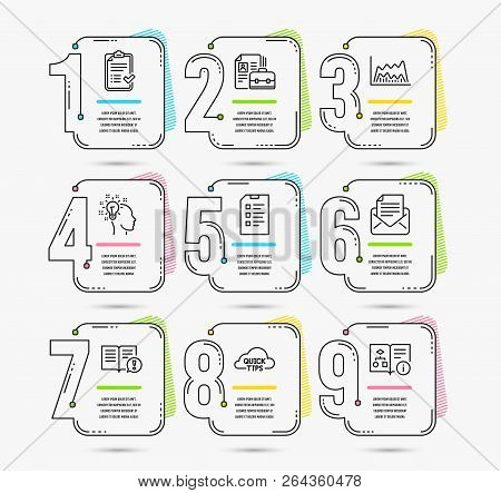 Infographic Timeline With 9 Options. Set Of Approved Checklist, Trade Chart And Facts Icons. Checkli