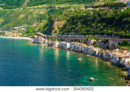 Aerial Top View Of Houses In Small Fishing Village Chianalea Di Scilla From Old Medieval Castle On R