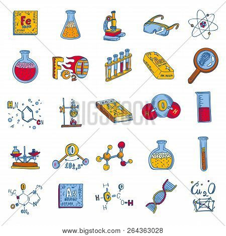 Chemistry Lab Icon Set. Hand Drawn Set Of Chemistry Lab Vector Icons For Web Design