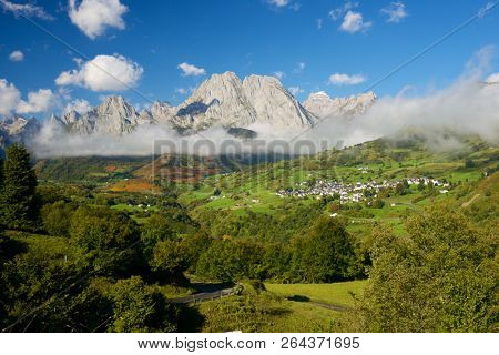 Mountains in Lescun Cirque, Aspe Valley, in the foreground you can see the Lescun village. Pyrenees, France.