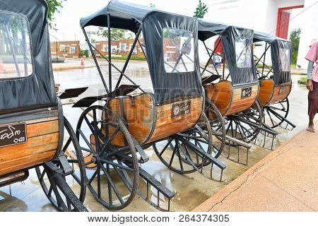 Kanchanaburi - Thailand - Oct 5, 2018: Row Of Rickshaw In Mallika City,