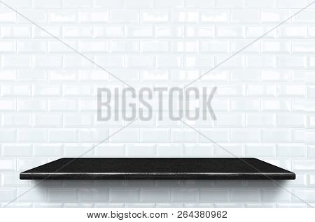 Empty Black Marble Shelf At White Ceramic Tile Wall Pattern Background,mock Up For Display Or Montag