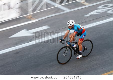 Boise, Idaho - July 14, 2018: Lone Biker Working Through The Course At The Boise Twilight Criterium