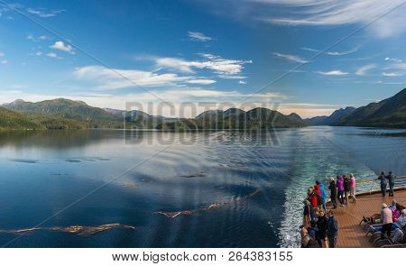 Principe Channel, Bc, Canada - September 13, 2018: Cruise Ship Passengers Viewing Beautiful Scenery 