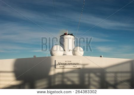 Inside Passage, Bc, Canada - September 13, 2018: Front View Of Magrodome Roof, Antenna And Funnel Of