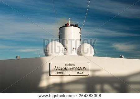 Inside Passage, Bc, Canada - September 13, 2018: Front View Of Magrodome Roof, Antenna And Funnel Of