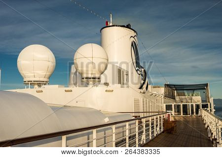 Inside Passage, Bc, Canada - September 13, 2018: Side View Of Magrodome Roof, Antenna And Funnel Of 