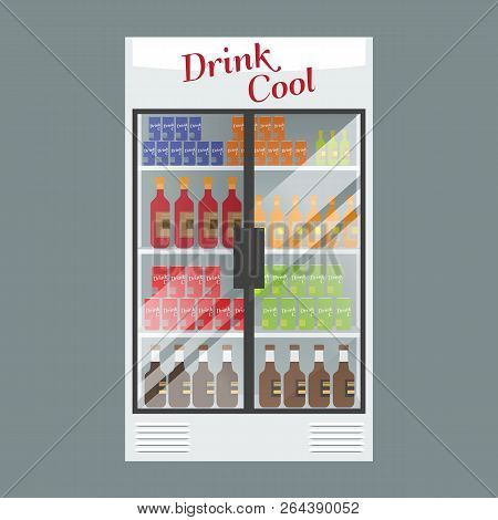 Refrigerated Supermarket Display Case Full With Multiple Drinks And Beverages. Illustrated Vector Fo