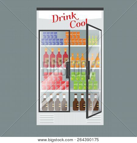 Refrigerated Supermarket Display Case Full With Multiple Drinks And Beverages. Illustrated Vector Fo