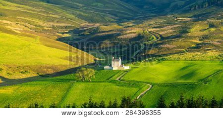 Panorama Of Beautiful Landscape Of Scotland, Corgarff Castle In Cairngorms National Park 