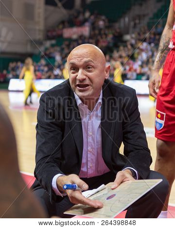 Samara, Russia - December 17: Bc Atomeromu Head Coach Branislav Dzunic During A Timeout Of The Bc Kr
