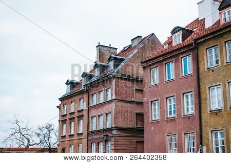 Beautiful Street With Traditional Houses In Warsaw In Poland.