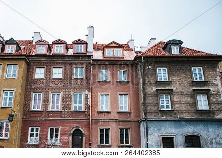 Beautiful Street With Traditional Colorful Houses In Warsaw In Poland.