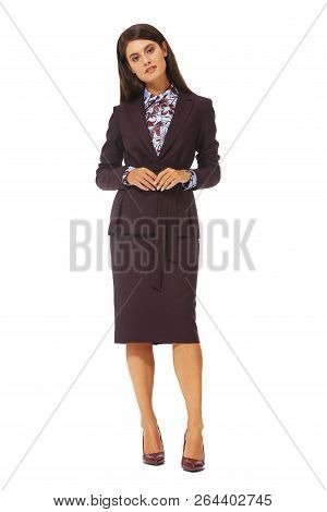 Young Indian Business Woman Executive Posing In Wollen Official Skirt Suit High Heels Stiletto Shoes