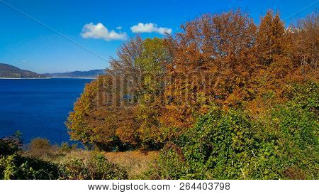 Panoramic View Of Campotosto Lake In The Autumn Season