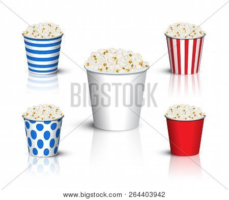 Different Popcorn Buckets Mockup. Vector Popcorn Box Set.