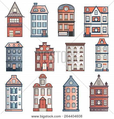 Vector Illustration With Collection Of Flat Cartoon Line Houses. City, Town Design. Urban Landscape 