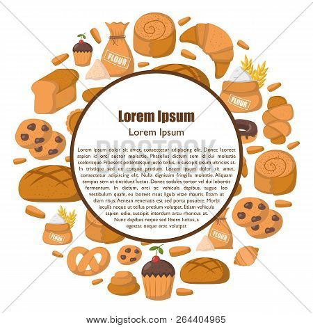 Vector Illustration With Cartoon Bakery Shop Background. Pasrty Vector Objects. Sweet Bun, Croissant
