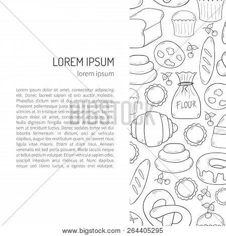 Vector Illustration With Cartoon Bakery Shop Background. Pasrty Vector Objects. Sweet Bun, Croissant