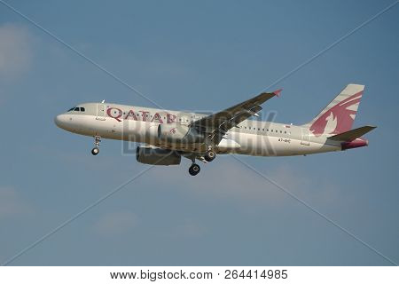 BUDAPEST, HUNGARY - SEPTEMBER 7, 2015: Qatar Airways A320 airliner taking off at Budapest Liszt Ferenc Airport.