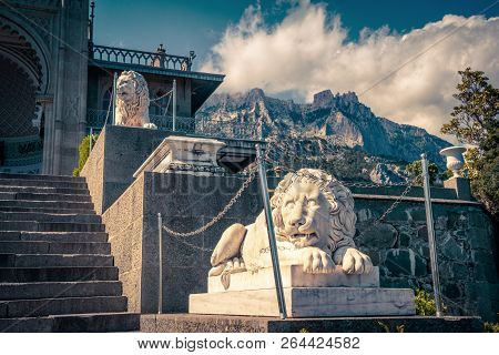 Crimea - May 20, 2016: Vorontsov Palace With Lion Statues On Mountain Background In Crimea, Russia. 