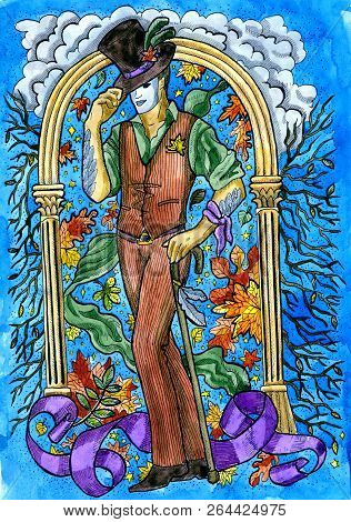 Stylish Warlock With Wand And Autumn Leaves. Hand Drawn Graphic Watercolor Illustration With Fantasy