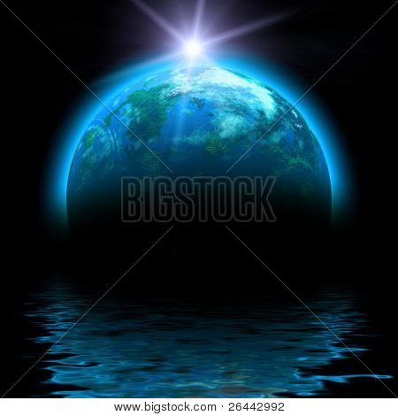 sun rise and planet illustration with reflections