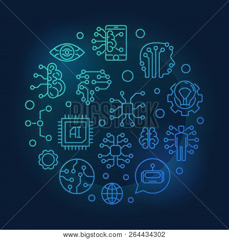 Ai Round Outline Blue Illustration. Artificial Intelligence And Digital Brain Vector Linear Icons In