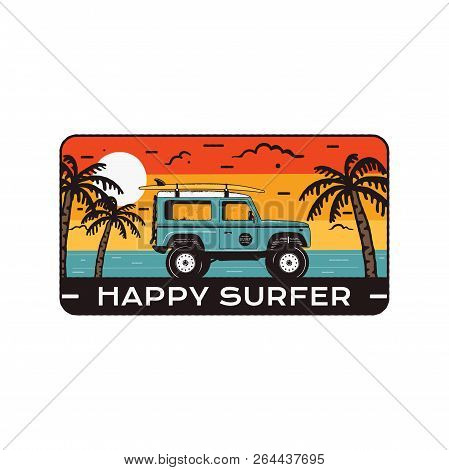 Surfing Logo Emblem. Vintage Hand Drawn Travel Badge, Poster. Featuring Surf Car Riding On The Beach
