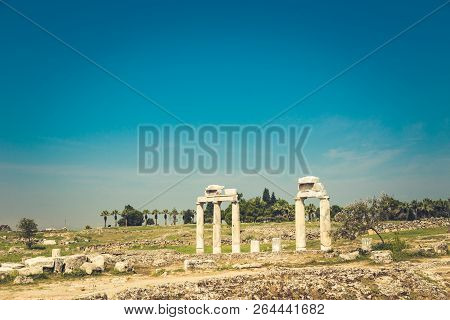 Ancient City Of Hierapolis, Pamukkale, Turkey. The Fascinating And Beautiful Beauty Of The Historica