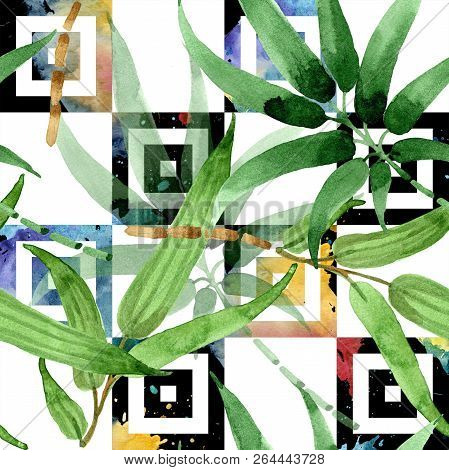 Bamboo Green Leaf. Leaf Plant Botanical Garden Floral Foliage. Seamless Background Pattern.