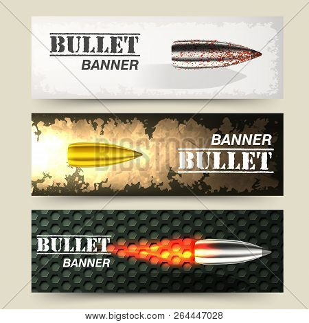 Banner Of Flying Bullet Ob Military Background Concept. Danger Vector Illustration Design Set