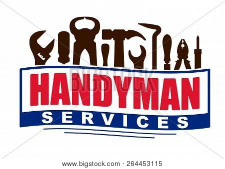 Handyman Services Vector Design For Your Logo Or Emblem In Shape Of Waving Banner With Set Of Worker