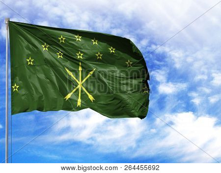 National Flag Of Adygea On A Flagpole
