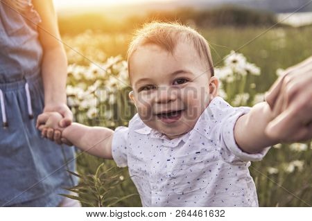 Parent Walking With Her Baby Son On Daisy Field At The Sunset Time