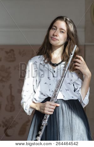 Beautiful Young Woman With Flute Genre Portrait Of Young Beautiful Girl