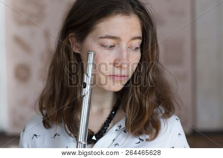 Beautiful Young Woman With Flute Genre Portrait Of Young Beautiful Girl