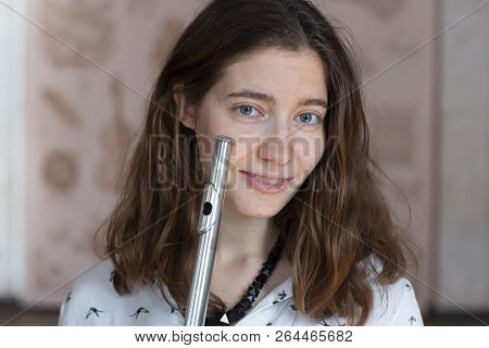 Beautiful Young Woman With Flute Genre Portrait Of Young Beautiful Girl