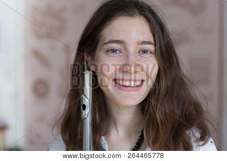Beautiful Young Woman With Flute Genre Portrait Of Young Beautiful Girl