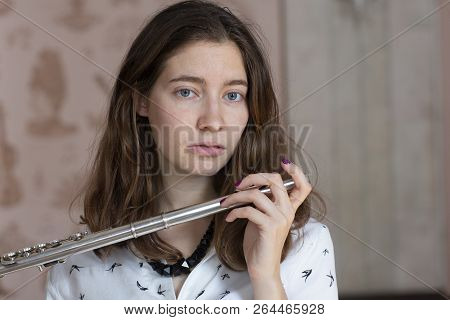 Beautiful Young Woman With Flute Genre Portrait Of Young Beautiful Girl