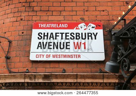 London, Uk - April 23, 2016: Shaftesbury Avenue Street Sign In West End Theatre District Of London. 
